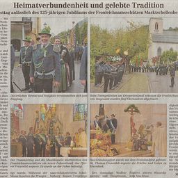 Zeitungsartikel mit Bildern einer Marschkapelle und einer Kirchenzeremonie. Der Text handelt von lokalen Vereinen und Festen.