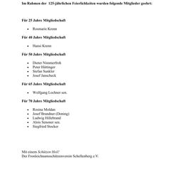 Ein Dokument listet Mitglieder auf, die für 25, 40, 50, 65 und 70 Jahre Mitgliedschaft in einem Verein geehrt wurden. Namen umfassen Rosmarie Krenn, Hansi Krenn, Dieter Nimmerfroh, Peter Hüttiger, Stefan Sunkler, Josef Janscheck, Wolfgang Lochner, Rosina Moldan, Josef Brandner, Ludwig Hillebrand, Alois Senoner und Siegfried Stocker. Es endet mit einem Gruß der Freiwilligen Feuerwehr Schellenberg.