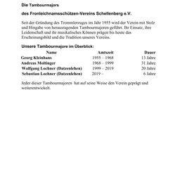 Die Tambourmajors des Frolenchnamsschützen-Vereins Schellenberg e.V. Seit der Gründung des Trommlerzuges im Jahr 1955 wird der Verein mit Stolz und Hingabe von herausragenden Tambourmajoren geführt. Ihr Einsatz, ihre Leidenschaft und ihr musikalisches Können prägen bis heute das Erscheinungsbild und die Tradition unseres Vereins.