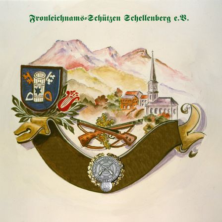 Illustration eines Schildes mit Symbolen, zwei Gewehren und einem Band mit 'Fronteichnams-Schützen Schellenberg e.V.' oben geschrieben. Das Bild zeigt einen Berg, eine Kirche und eine Stadt im Hintergrund.