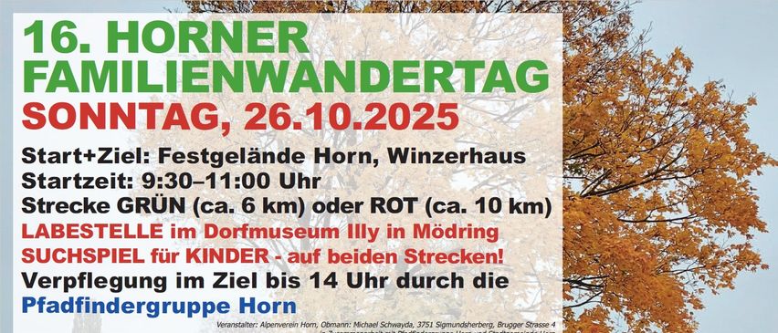 Plakat für den Horner Pilgertag am 26. Oktober 2025. Es zeigt ein Foto von Spaziergängern und Bäumen. Die Veranstaltung beginnt um 9:30 Uhr und endet um 11:00 Uhr. Es gibt zwei Routen, eine grüne (ca. 6 km) und eine rote (ca. 10 km).