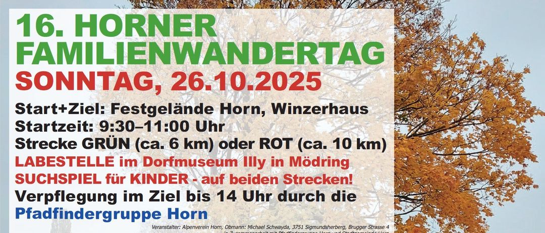 Plakat für den Horner Pilgertag am 26. Oktober 2025. Es zeigt ein Foto von Spaziergängern und Bäumen. Die Veranstaltung beginnt um 9:30 Uhr und endet um 11:00 Uhr. Es gibt zwei Routen, eine grüne (ca. 6 km) und eine rote (ca. 10 km).