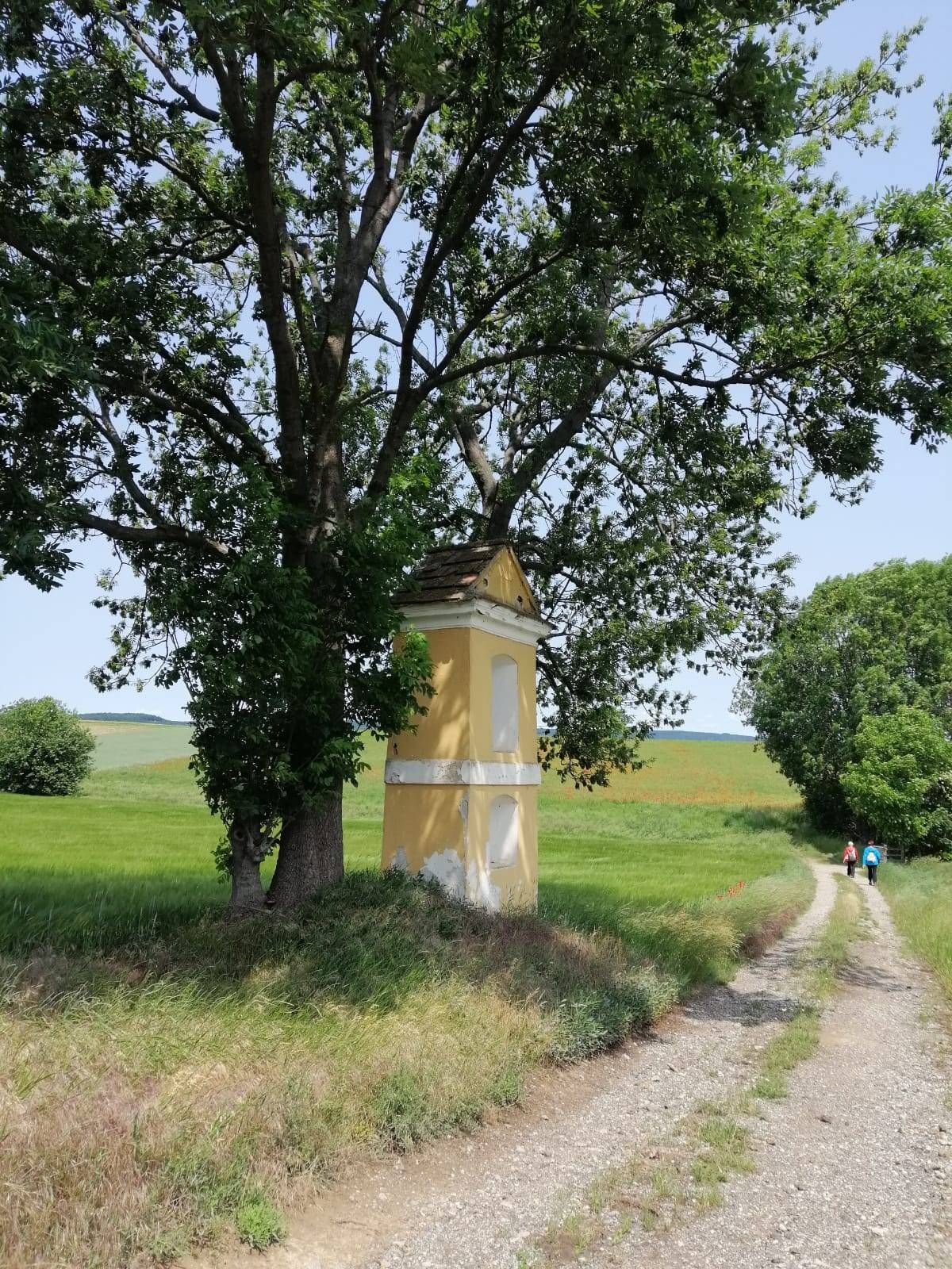 Ein kleines gelbes Gebäude steht neben einem Baum auf einem Grasfeld. Zwei Personen gehen einen Feldweg entlang.