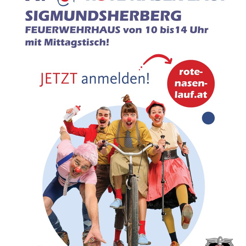 Eine Werbung für das Sigmundsherberg Feuerwehrhaus mit Clowns auf einem Fahrrad, die zur Anmeldung für eine Mittagspause einladen.