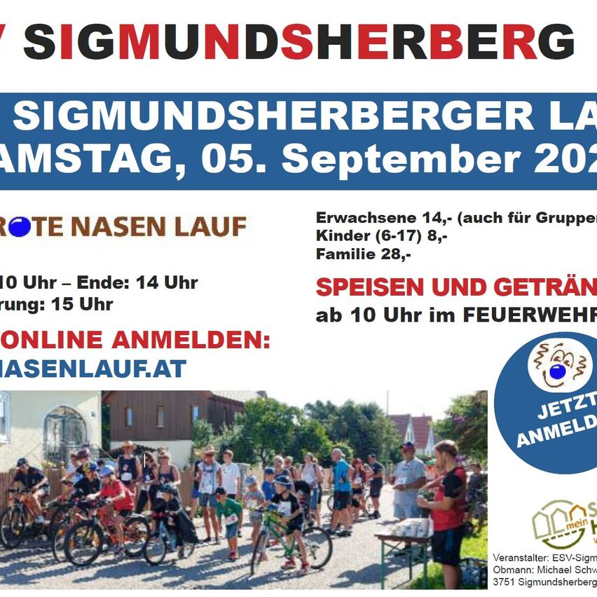 Plakat für den Sigmundsherberger Lammtag am 5. September 2020. Es zeigt eine Gruppe von Radfahrern und Zuschauern, mit Informationen zur Anmeldung, Gebühren und Verfügbarkeit von Speisen.