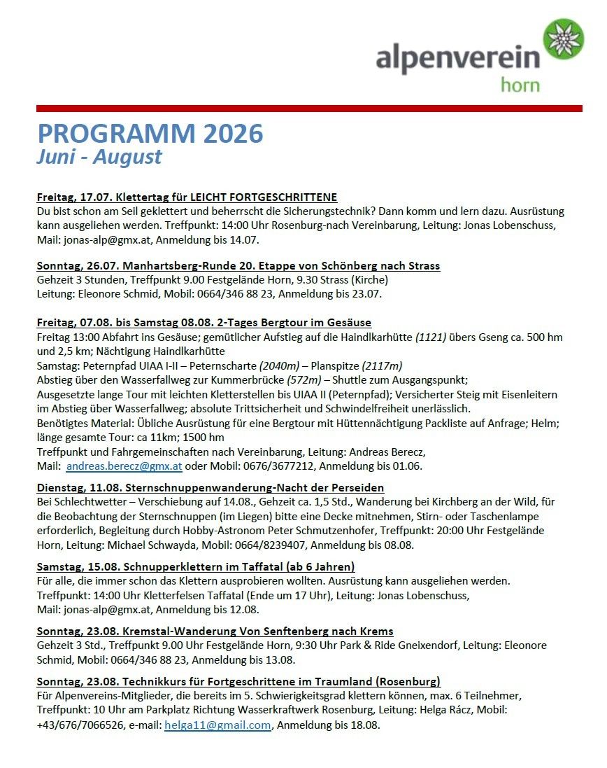 Das Dokument ist ein Zeitplan für den Sommer 2026 und beschreibt verschiedene Aktivitäten wie Kletterkurse, Mountainbike-Touren und Vogelbeobachtungen. Jeder Termin gibt Datum, Startzeit, Ort und Kontaktdaten des Leiters an. Der Zeitplan umfasst Mountainbike-, Kletter- und Vogelbeobachtungsveranstaltungen.
