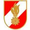 Eine goldene Flamme ruht auf einem Zahnrad in einem rot-weissen Wappen mit goldenem Rand.