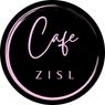 A circular black logo for Cafe Zisl. The word Cafe is written in pink cursive, while Zisl is in pink below it. A pink line borders the logo.