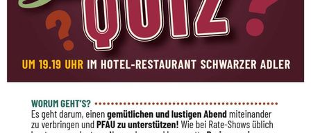 Gaudi Quiz poster. It features an event at Hotel-Restaurant Schwarzer Adler. Teams of two to six can participate. Registration open.