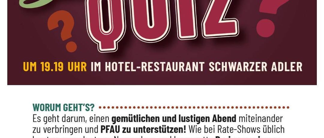 Gaudi Quiz Poster. Es ist ein Event im Hotel-Restaurant Schwarzer Adler. Teams von zwei bis sechs Personen können teilnehmen. Anmeldung offen.