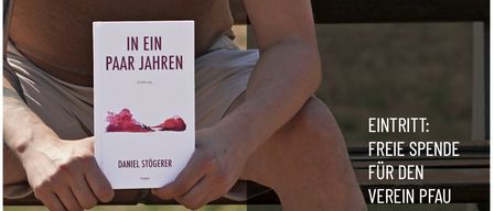 A man wearing sunglasses holds a book titled 'In Ein Paar Jahren'. The image is a promotional poster for an event on October 9, 2026, at 19:00 in Friedberg.