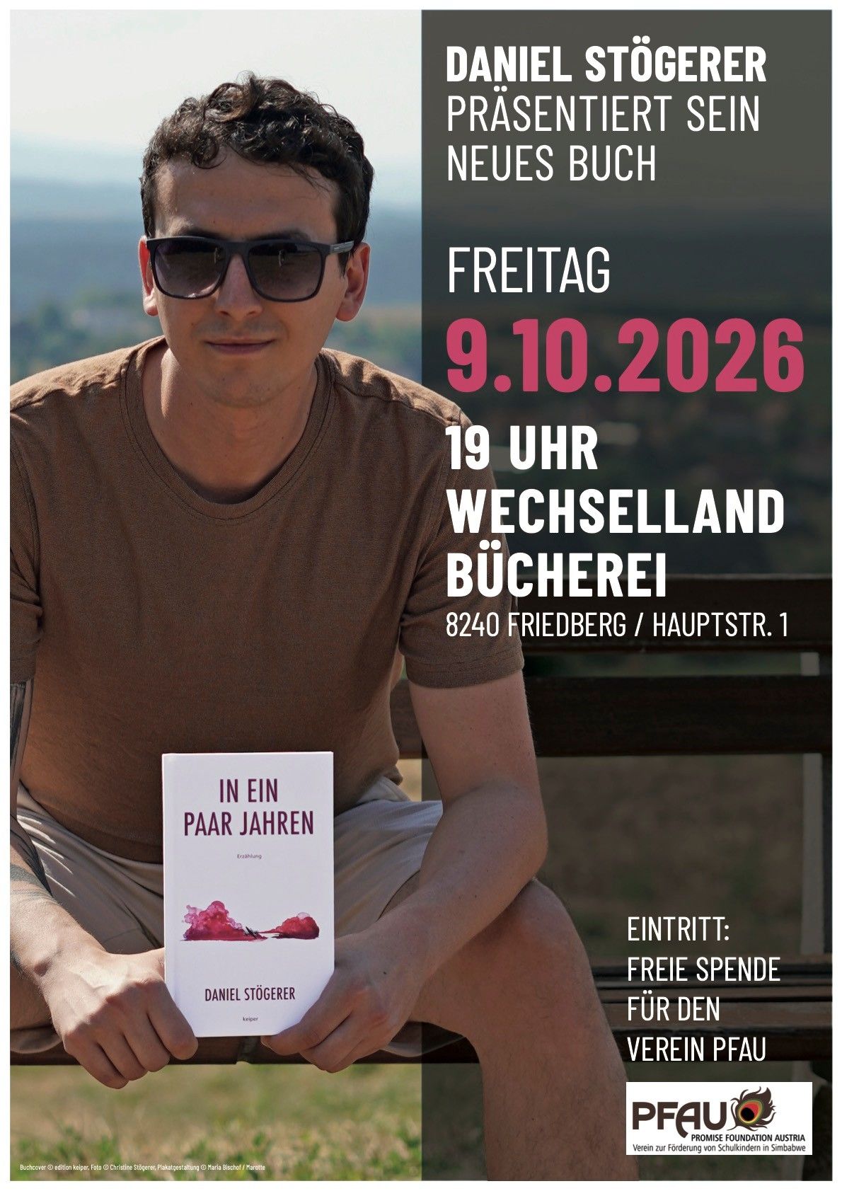 A man wearing sunglasses and a brown shirt is holding a book titled 'In Ein Paar Jahren'. The book cover features a red splash. The man is standing in front of a blurred background with a date and time of 9.10.2026 19 Uhr.