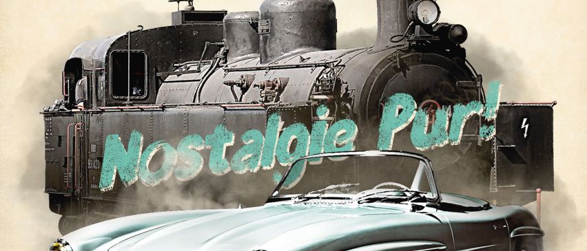 Poster für Oldtimer-Treffen mit einem klassischen Mercedes-Benz Roadster und einer Dampflokomotive im nostalgischen Stil. Die Worte 'Oldtimer Treffen' und 'Nostalgie Pur' sind oben angezeigt.