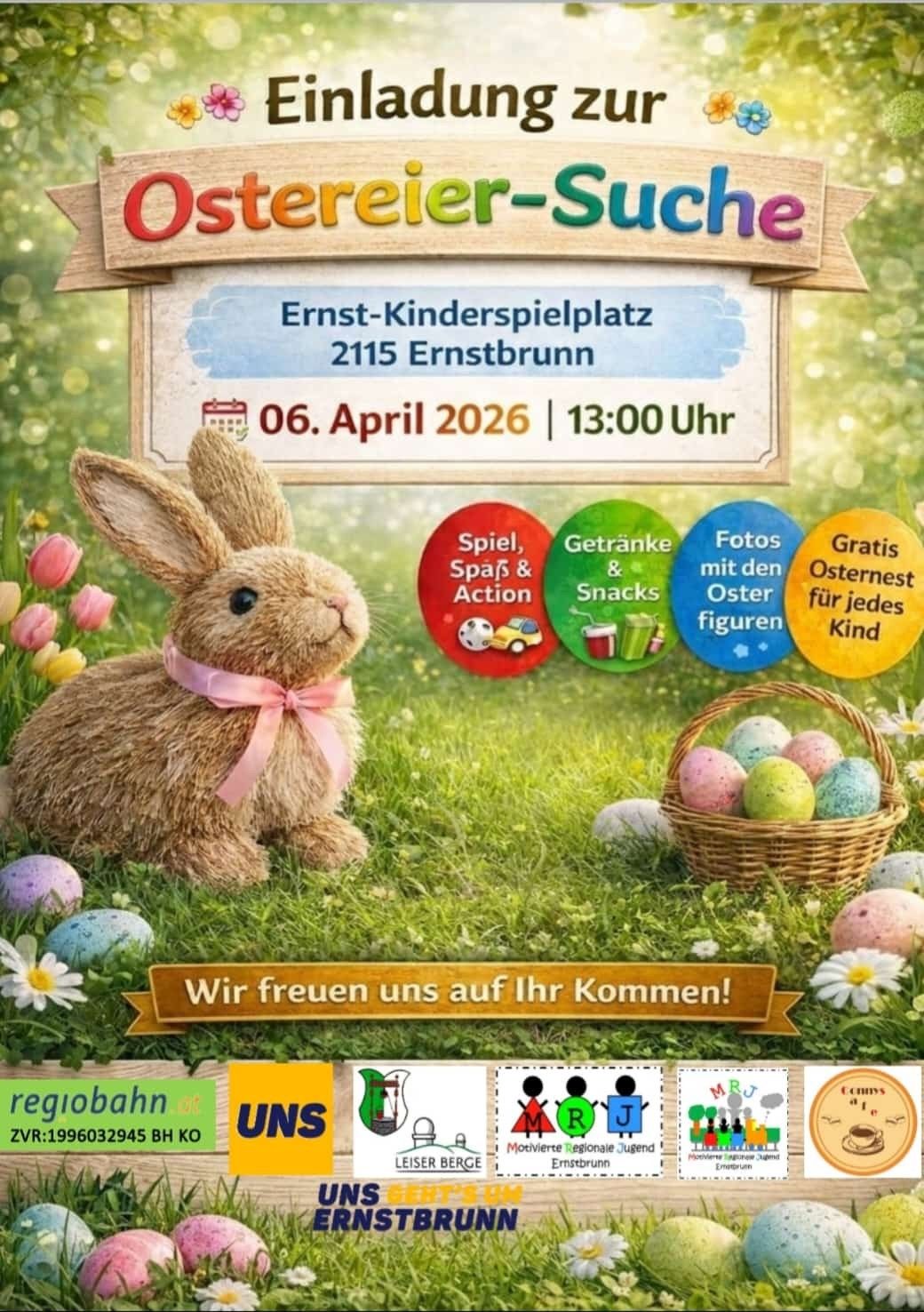 Eine Ostereiersuche am Ernst-Kinderspielplatz am 6. April 2026 um 13 Uhr. Ein Kaninchen sitzt in einem Feld mit Blumen und einem Korb voller Eier. Aktivitäten umfassen Spiele, Getränke, Fotos und kostenlose Osterkörbe für Kinder.