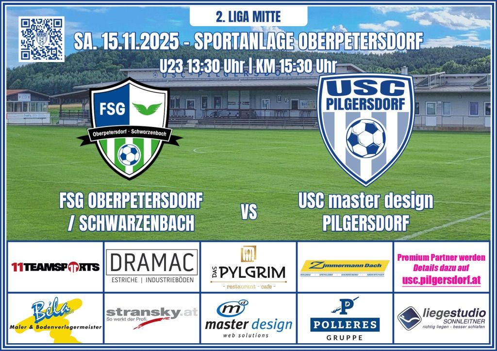 An image shows a soccer match between FSG Oberpetersdorf/Schwarzenbach and USC master design/Pilersdorf on November 15, 2025, with logos of sponsors such as Dramac, Stransky.at, and Polleres Gruppe.