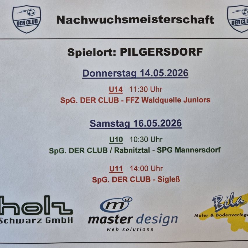 Jugendfußballliga-Spielankündigung für die U14-, U10- und U11-Teams. Spiele am Donnerstag, den 14., und Samstag, den 16. Mai 2026. Sponsoren erwähnt.