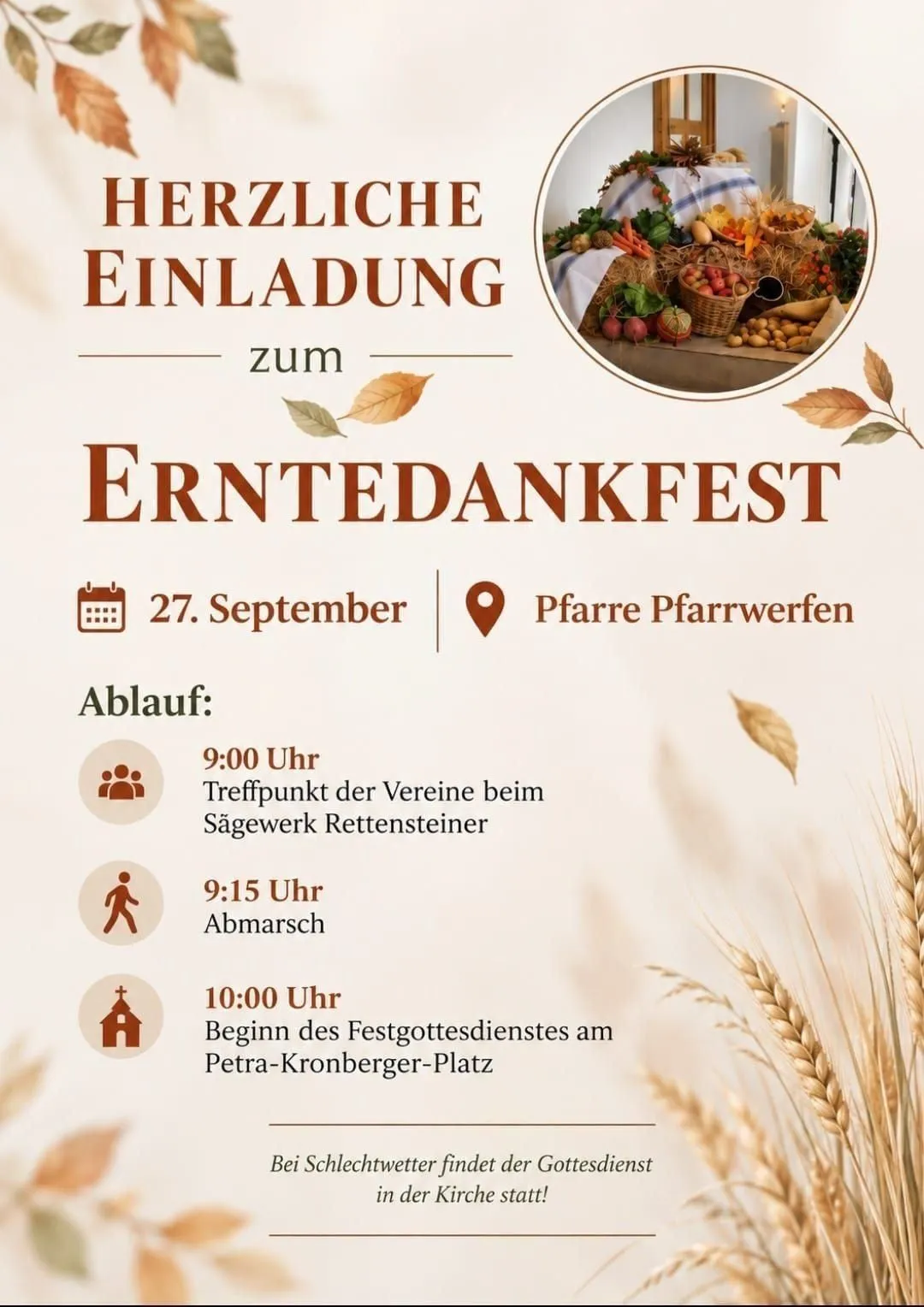 Plakat für das Erntedankfest am 27. September. Treffpunkt um 9:00 Uhr, Wanderung um 9:15 Uhr und Gottesdienst um 10:00 Uhr. Ort: Pfarre Pfarrwerfen.