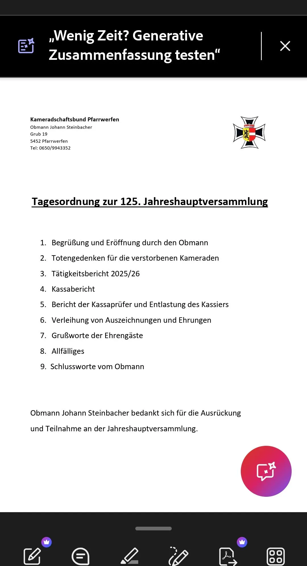 Ein Screenshot eines Mobiltelefons, das ein Dokument mit dem Titel 'Tagesordnung zur 125. Jahreshauptversammlung' mit einer Liste von Tagesordnungspunkten und einem Logo anzeigt.