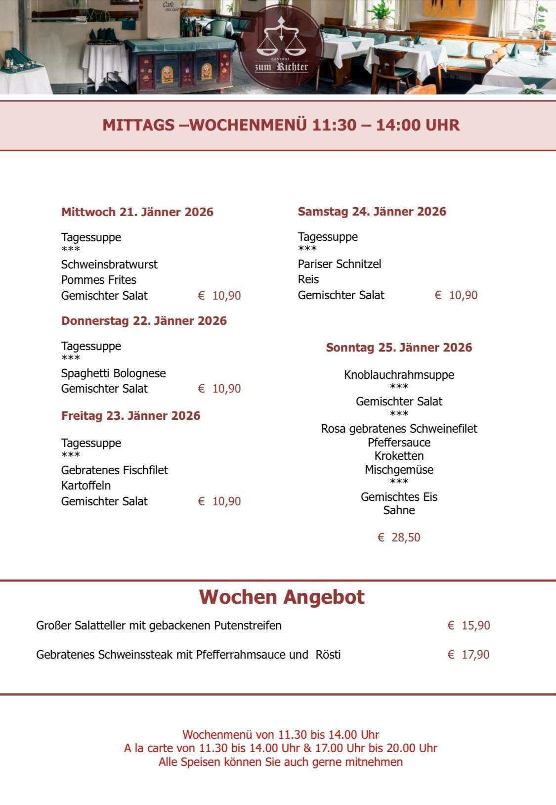 Wochenmenü von Mittwoch bis Sonntag, Januar 2026. Angebote wie Bratwurst, gemischter Salat und andere. Preise für jede Mahlzeit. Wöchentliche Spezialitäten mit größeren Salatplatten und Rindersteak. Preise für jeden Artikel.