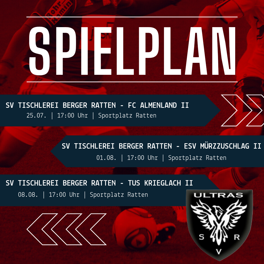 Ein roter Plakat mit weißem Text zeigt oben 'Spielplan'. Darunter befinden sich drei Fußballspielpläne mit Datum, Uhrzeit und Ort. In der unteren rechten Ecke befindet sich ein Logo mit den Buchstaben 'S' und 'R'.