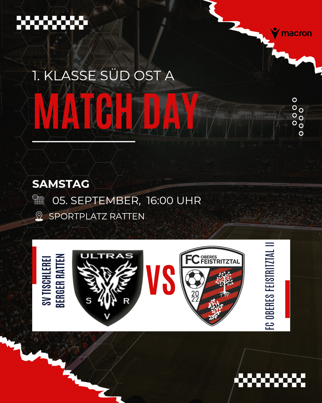 Plakat für ein Fußballspiel zwischen SV Tischler Berger Ratten und FC Oberes Feistritztal II am 5. September um 16:00 Uhr. Das Spiel findet in der 1. Klasse Süd Ost statt.