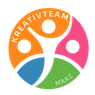 Ein kreisförmiges Logo mit vier Segmenten in verschiedenen Farben: orange, pink, blau und grün. Das Wort Kreativteam steht in Weiß auf dem orangefarbenen Segment und Marz ist auf dem grünen Segment geschrieben.