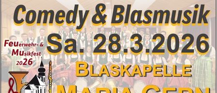 Plakat für das Comedy & Blasmusik-Event in Berchtesgaden am 28. März 2026. Zeigt Musiker, einen Mann mit einem Fass und einen QR-Code.
