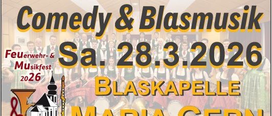 Plakat für das Comedy & Blasmusik-Event in Berchtesgaden am 28. März 2026. Zeigt Musiker, einen Mann mit einem Fass und einen QR-Code.