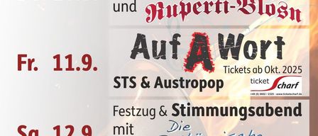 Ein Veranstaltungsposter zum 75-jährigen Jubiläum der Feuerwehr und 80 Jahre Blaskapelle Maria Gern, mit einem Zeitplan von 10. bis 13. September, mit Aufführungen und Ticketinformationen.