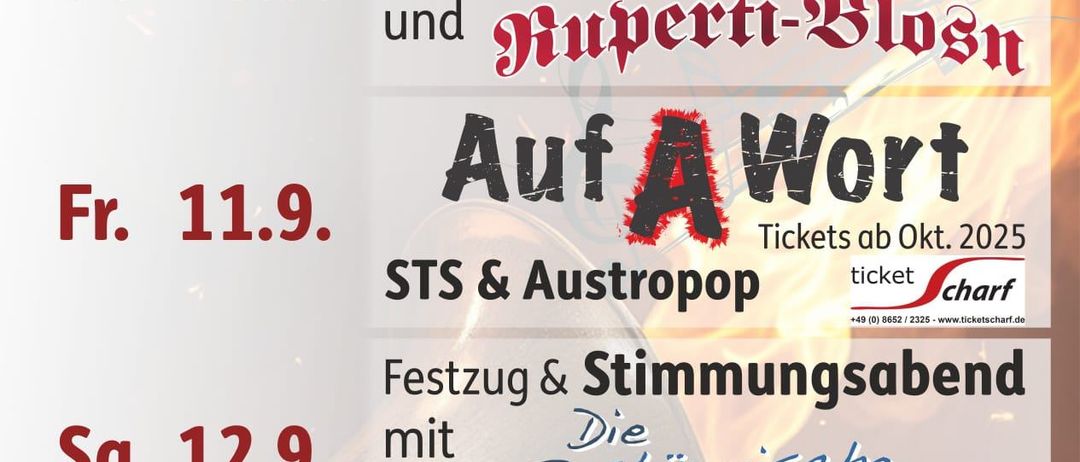 Ein Veranstaltungsposter zum 75-jährigen Jubiläum der Feuerwehr und 80 Jahre Blaskapelle Maria Gern, mit einem Zeitplan von 10. bis 13. September, mit Aufführungen und Ticketinformationen.