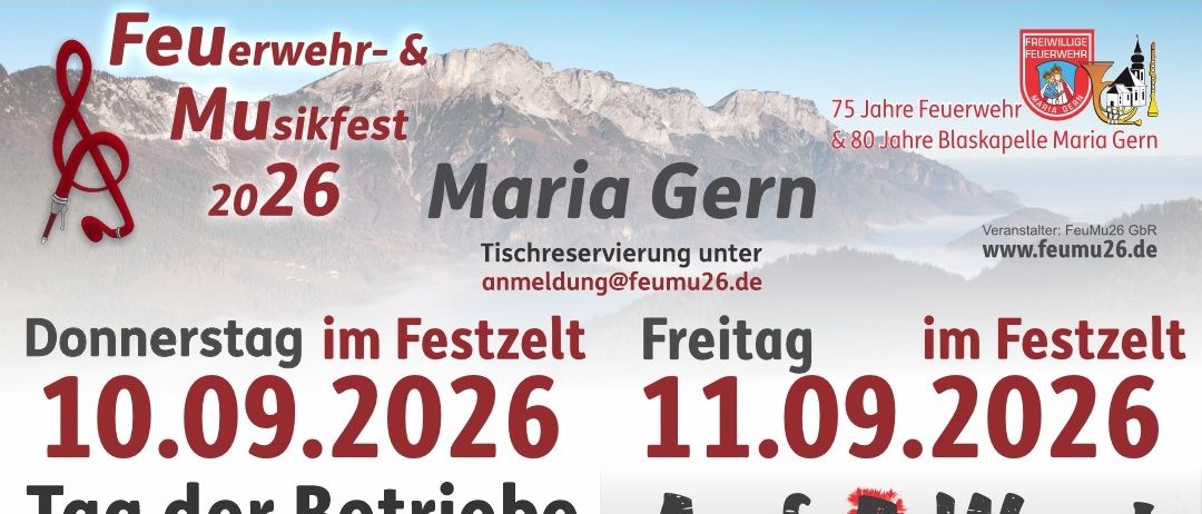 Werbeplakat für Maria Gern Veranstaltung, mit Datum, Uhrzeiten und Aktivitäten. Es enthält Details wie Veranstaltungsstartzeiten, Musikauftritte und einen Zeitplan für verschiedene Tage.