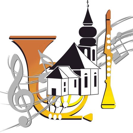 Eine Illustration zeigt eine Kirche, umgeben von Musikinstrumenten wie einem Saxophon, einer Trompete und einem Musiknotenzeichen.