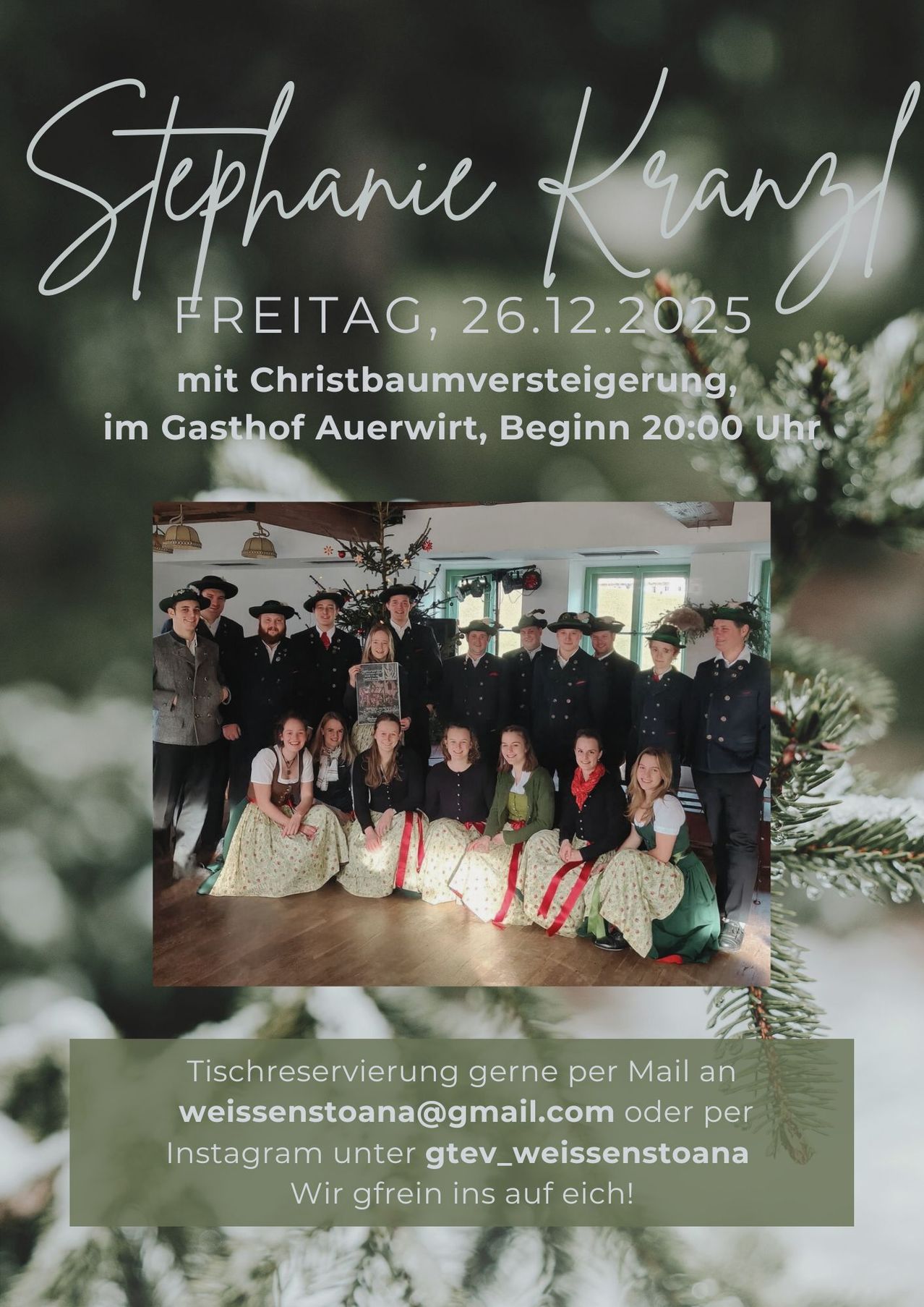 Poster for Stephan Kunz event on Friday, December 26, 2025, featuring a group of people dressed in traditional attire, with a Christmas tree in the background. RSVP via email to weissenstoana@gmail.com.