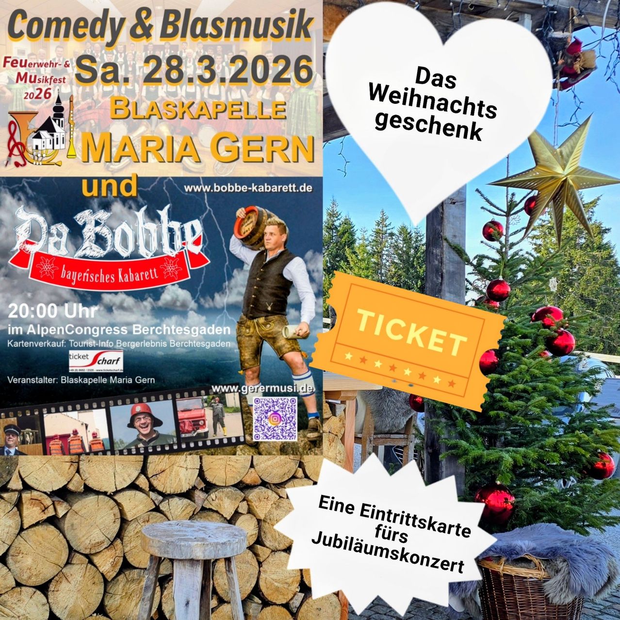 Werbeplakat für Maria Gerns Geburtstagskonzert mit Da Bohbe. Zeigt einen Mann mit einem Fass, einem Ticket und einem Weihnachtsbaum. Der Text ist auf Deutsch.