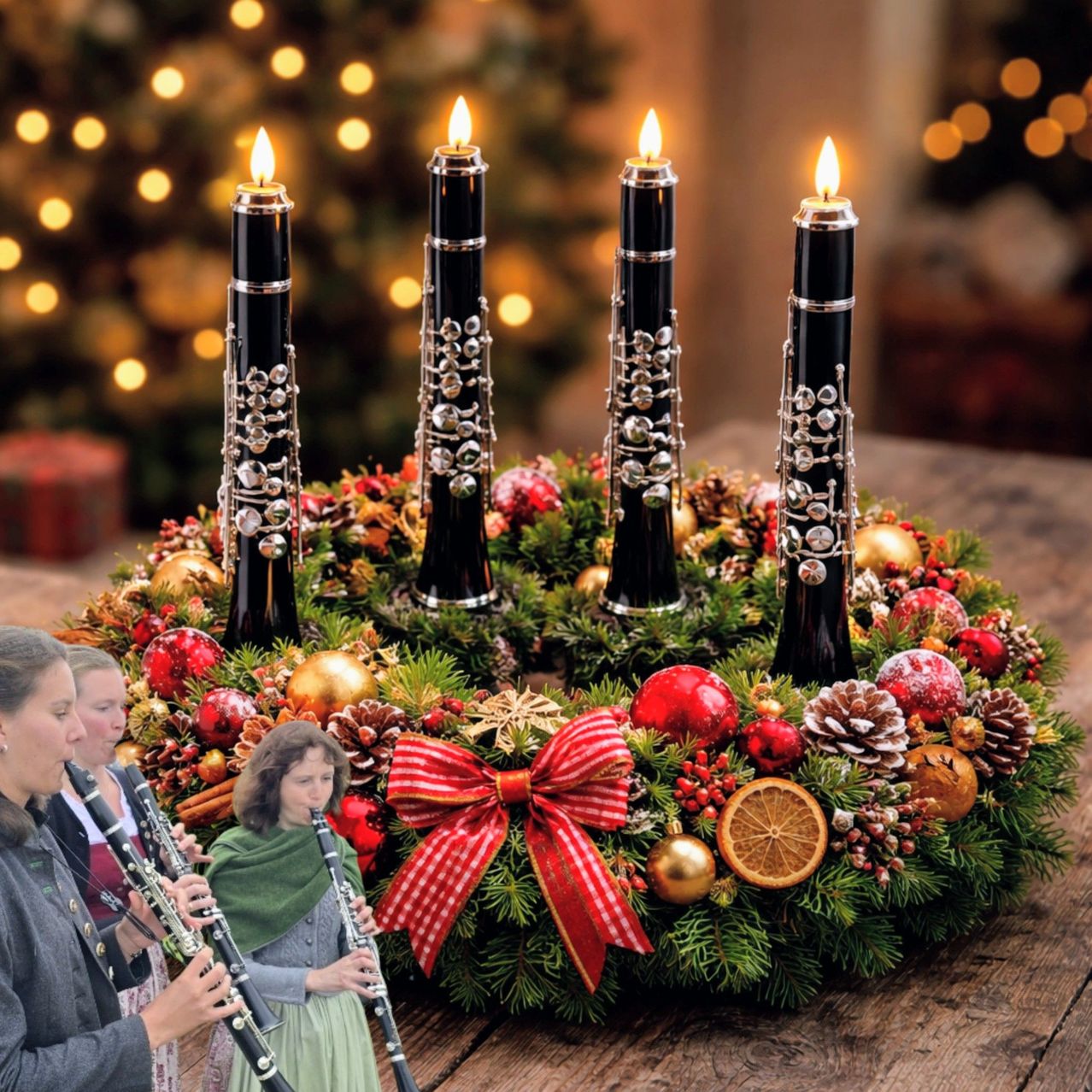 Drei Frauen spielen Klarinetten vor einem Kranz mit vier schwarzen Kerzen und Weihnachtsdekorationen. Der Hintergrund ist mit Weihnachtslichtern verschwommen.