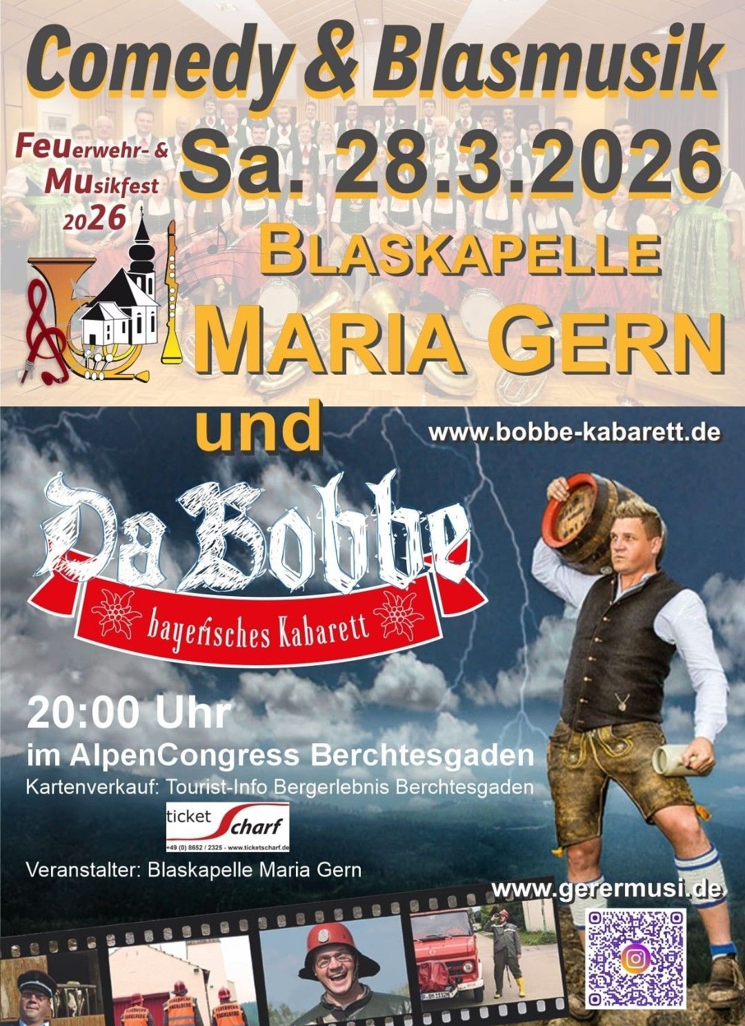 Poster for a Bavarian cabaret event on March 28, 2026, featuring Blaskapelle Maria Gern. The poster includes a man holding a barrel and wearing traditional clothing.