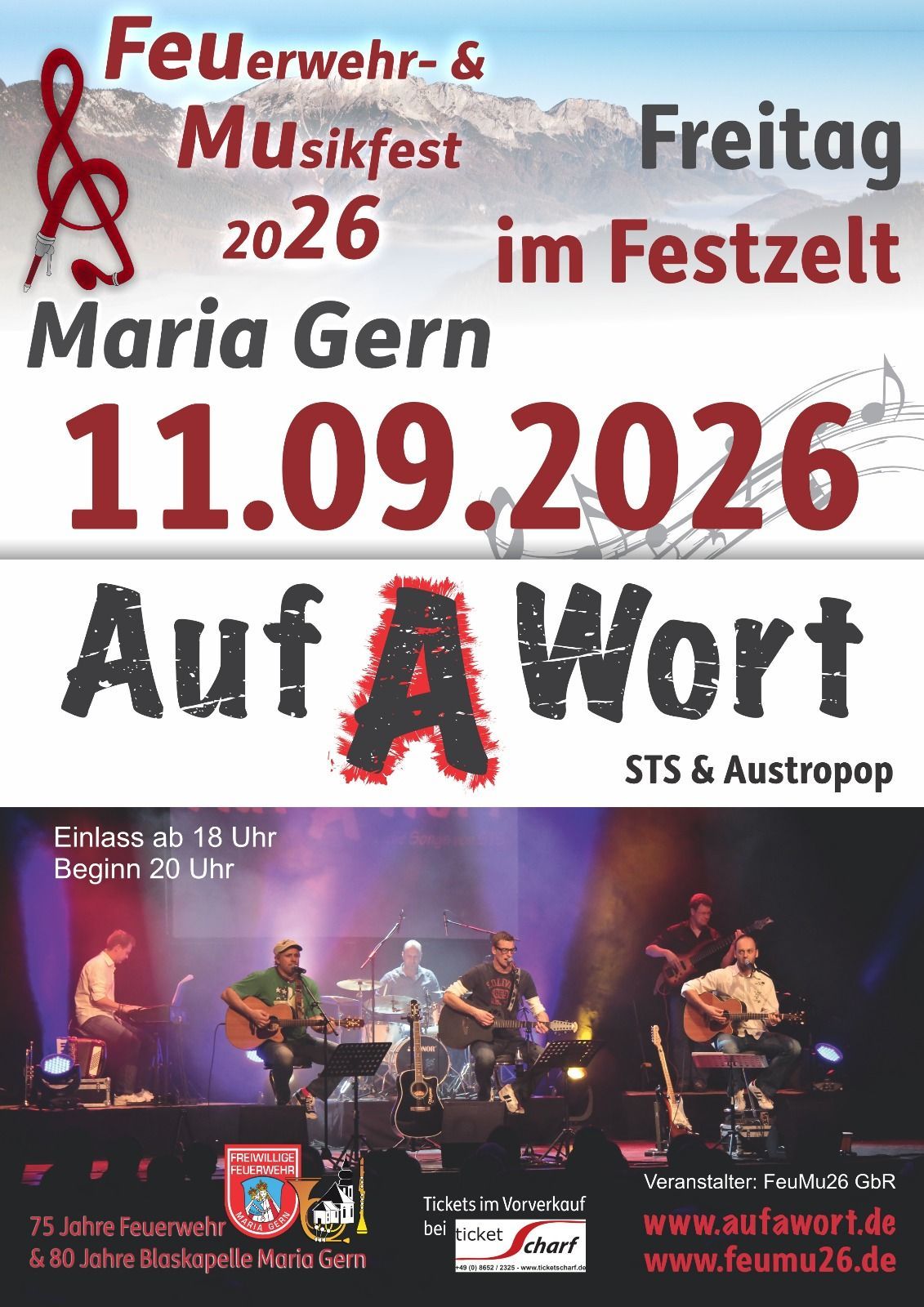 Concert poster for Maria Gern on 11.09.2026. The stage shows a band playing with guitars and drums. The event starts at 8 PM.