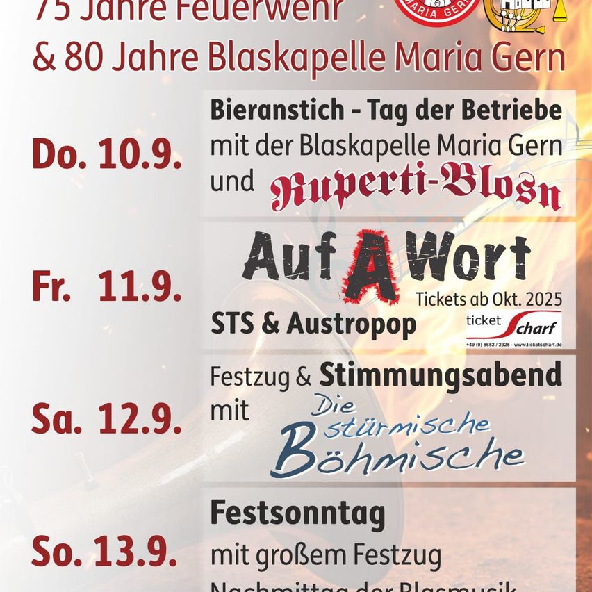 The poster celebrates the 75th anniversary of the fire brigade and the 80th anniversary of the Maria Gern brass band. Events include a beer festival, a performance by STS & Austropop, and a festival with the Bohemian Bohemians.