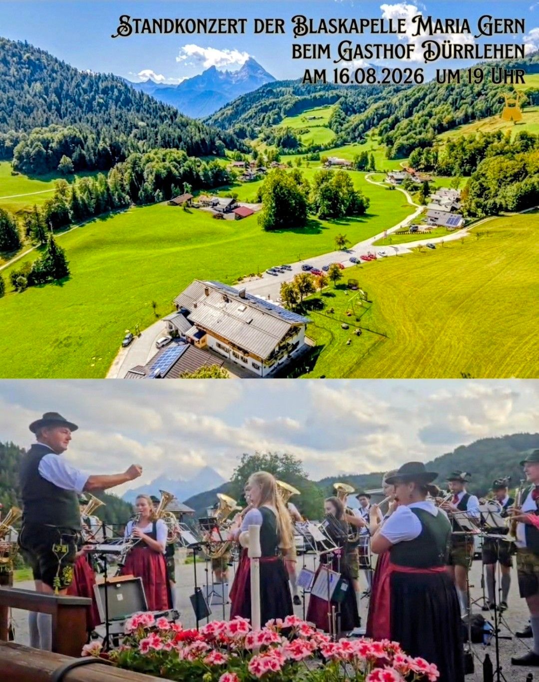 A scenic aerial view of a valley with a house and a band performing on the ground. The valley is surrounded by green fields and trees. The band is playing various instruments, including trumpets, trombones, and tubas. The image has a timestamp of August 16, 2026, at 19:00.