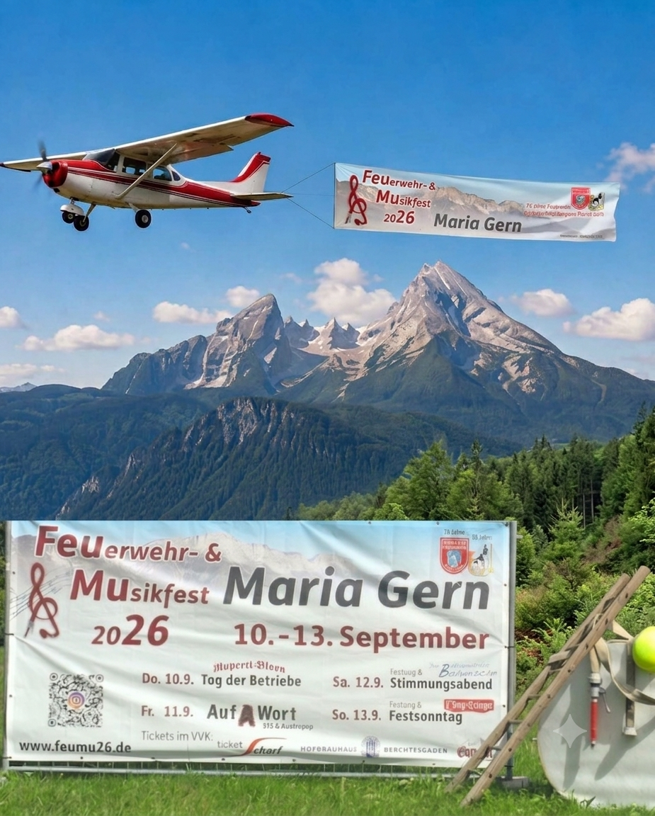 A small airplane towing a banner flies over a mountainous landscape. The banner reads 'Feuerwehr & Musikfest Maria Gern 2026'. Below, another banner advertises the event's dates and activities.