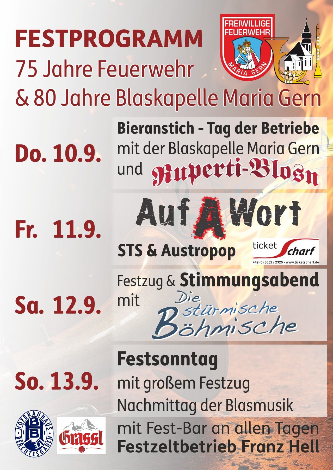 Poster for Maria Gern's 75th anniversary of the fire brigade and 80th anniversary of the brass band. Events include Bieranstich, Auf A Wort, STS & Austropop, and a big festival.