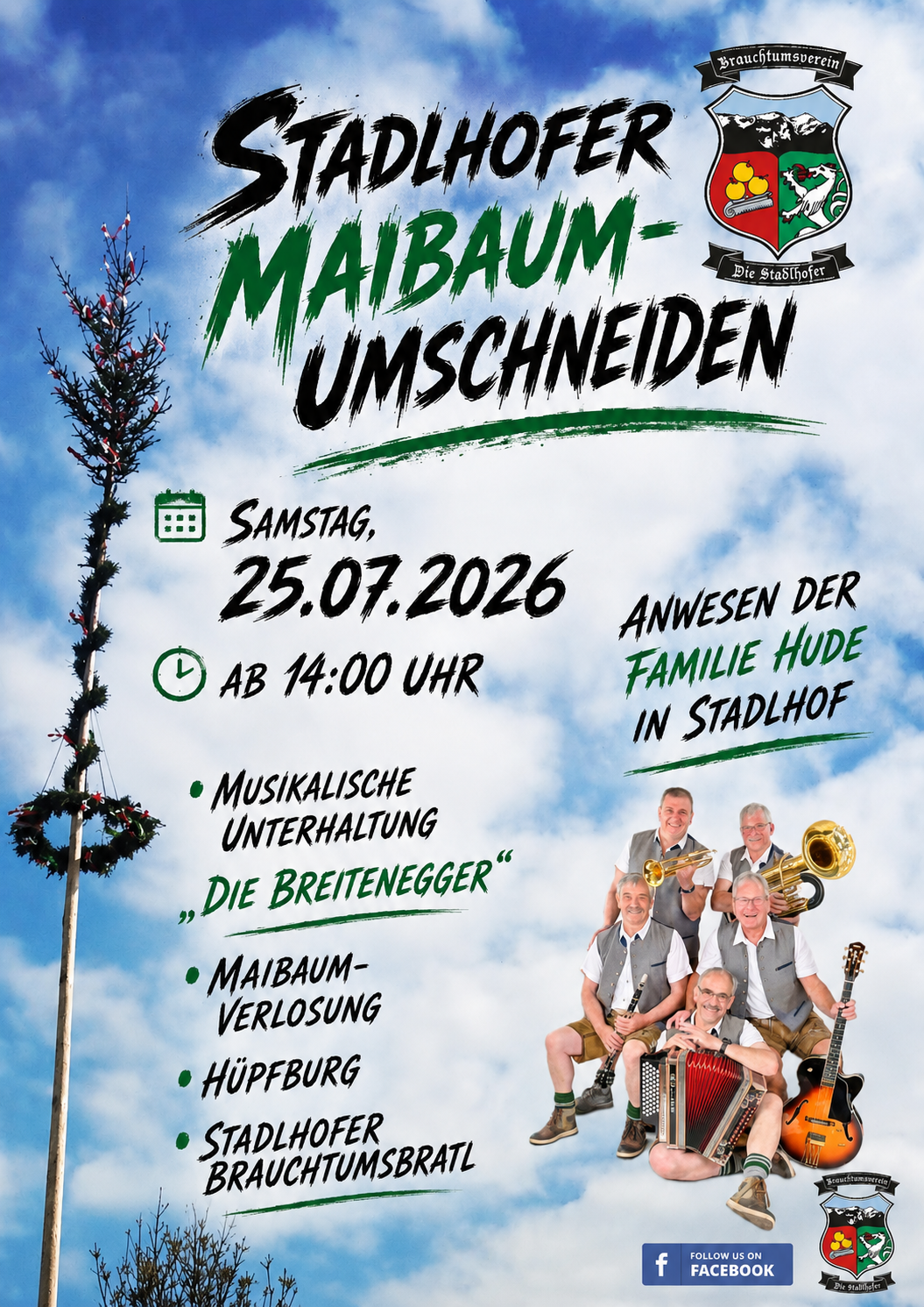 Plakat für das Maibaum-Umschneiden-Event am 25.07.2026 mit einer Gruppe von Musikern und einem geschmückten Baum. Die Veranstaltung beginnt um 14:00 Uhr.