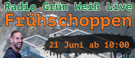 Ein Werbeplakat für ein Radioprogramm mit zwei Männern, einer hält ein Bierglas und der andere sitzt auf einem Motorrad. Der Plakattext lautet 'Radio Grün Weiß Live Frühschoppen' und '21 Juni ab 10:00'.