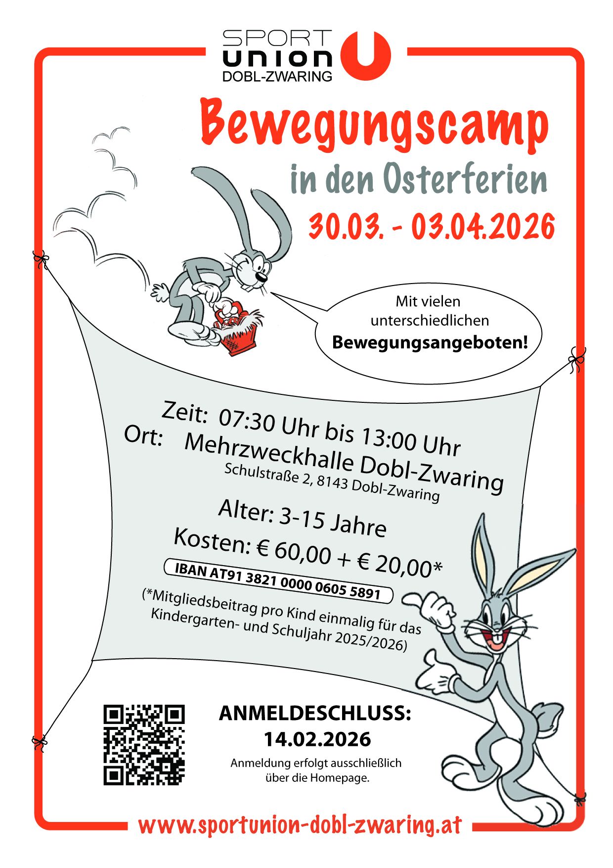 Ein Plakat für ein Bewegungscamp während der Osterferien, vom 30.03.2026 bis 03.04.2026. Es beinhaltet verschiedene Aktivitäten, Kosten und eine Anmeldefrist.