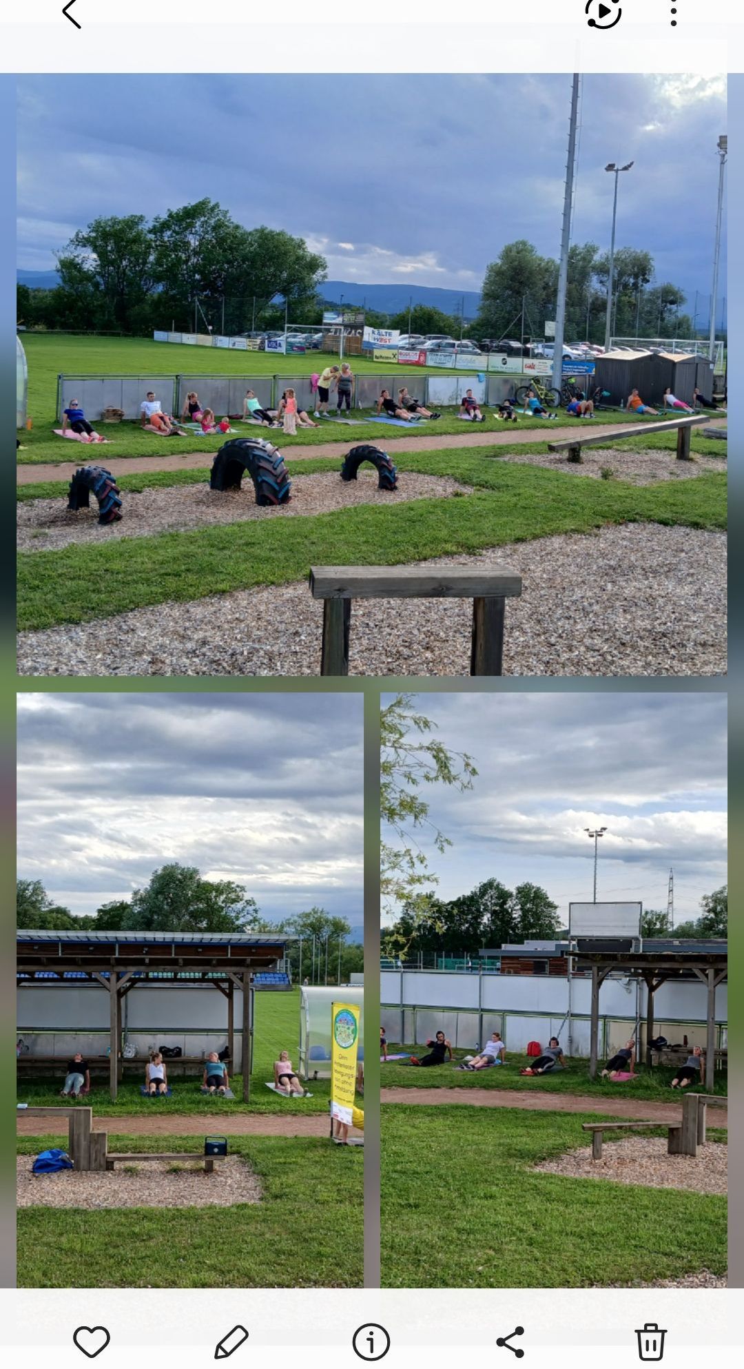 A collage of three images showing a park with people doing yoga, a cloudy sky, and a building with a yellow sign.