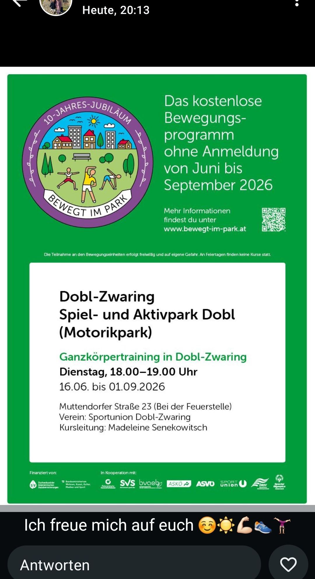 Poster for 'Bewegt im Park' program from June to September 2026, featuring a logo with people exercising and a QR code for more information. Details about a whole-body training session in Dobl-Zwaring.