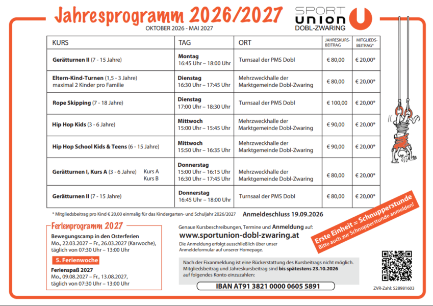 A document displays a sports program for the year 2026/2027, detailing various activities for different age groups with dates, times, and fees. It includes activities like rope skipping, hip hop, and gymnastics. The document also provides information about registration and contact details.