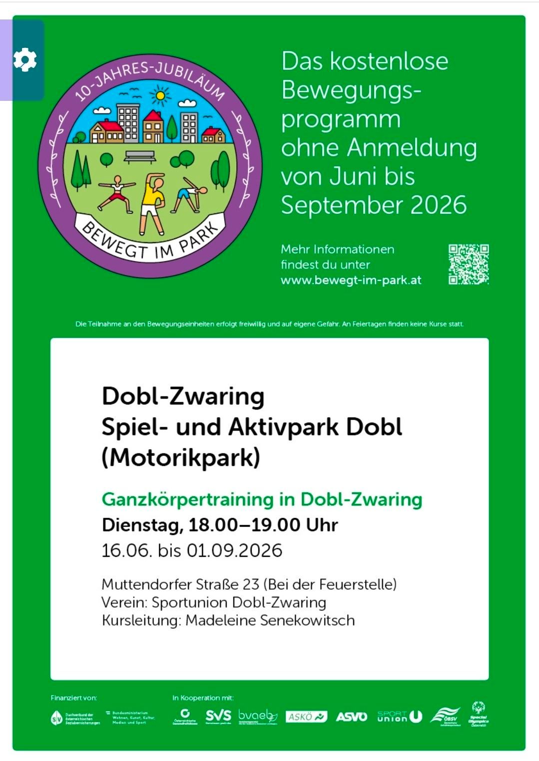 Ein Flyer bewirbt den Spiel- und Aktivpark Dobl-Zwaring mit Ganzkörpertraining in Dobl-Zwaring vom 16.06. bis 01.09.2026. Es findet dienstags von 18.00-19.00 Uhr statt. Weitere Informationen gibt es unter www.bewegt-im-park.at.