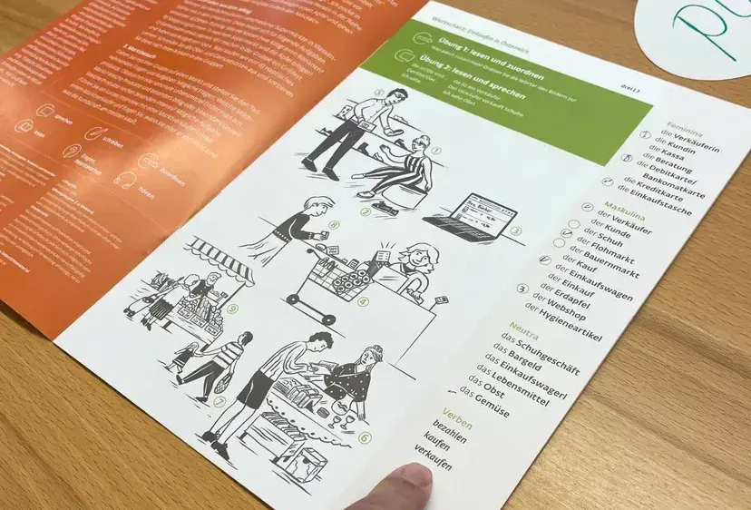 Ein offenes Broschüre zeigt illustrierte Schritte für verschiedene Aktivitäten, vom Lesen und Schreiben bis zum Einkaufen, mit Text in Deutsch und Englisch.