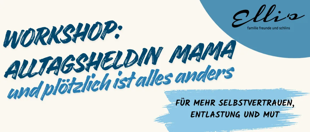 Ein Plakat mit einer lächelnden Frau mit Brille, das ein Workshop für Mütter bewirbt, um gesellschaftlichen Druck und Erwartungen anzugehen. Der Text enthält Details zum Veranstaltungsdatum, zur Uhrzeit und zum Ort.